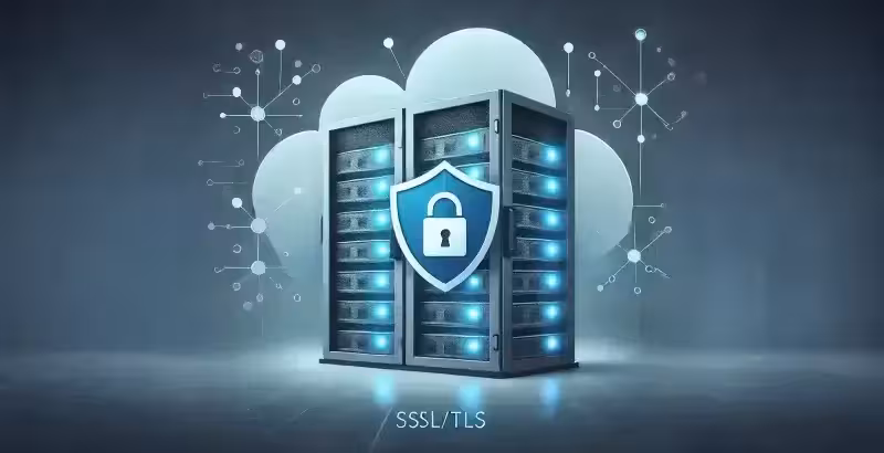 Server racks protected by a padlock shield against a cloud and network backdrop.