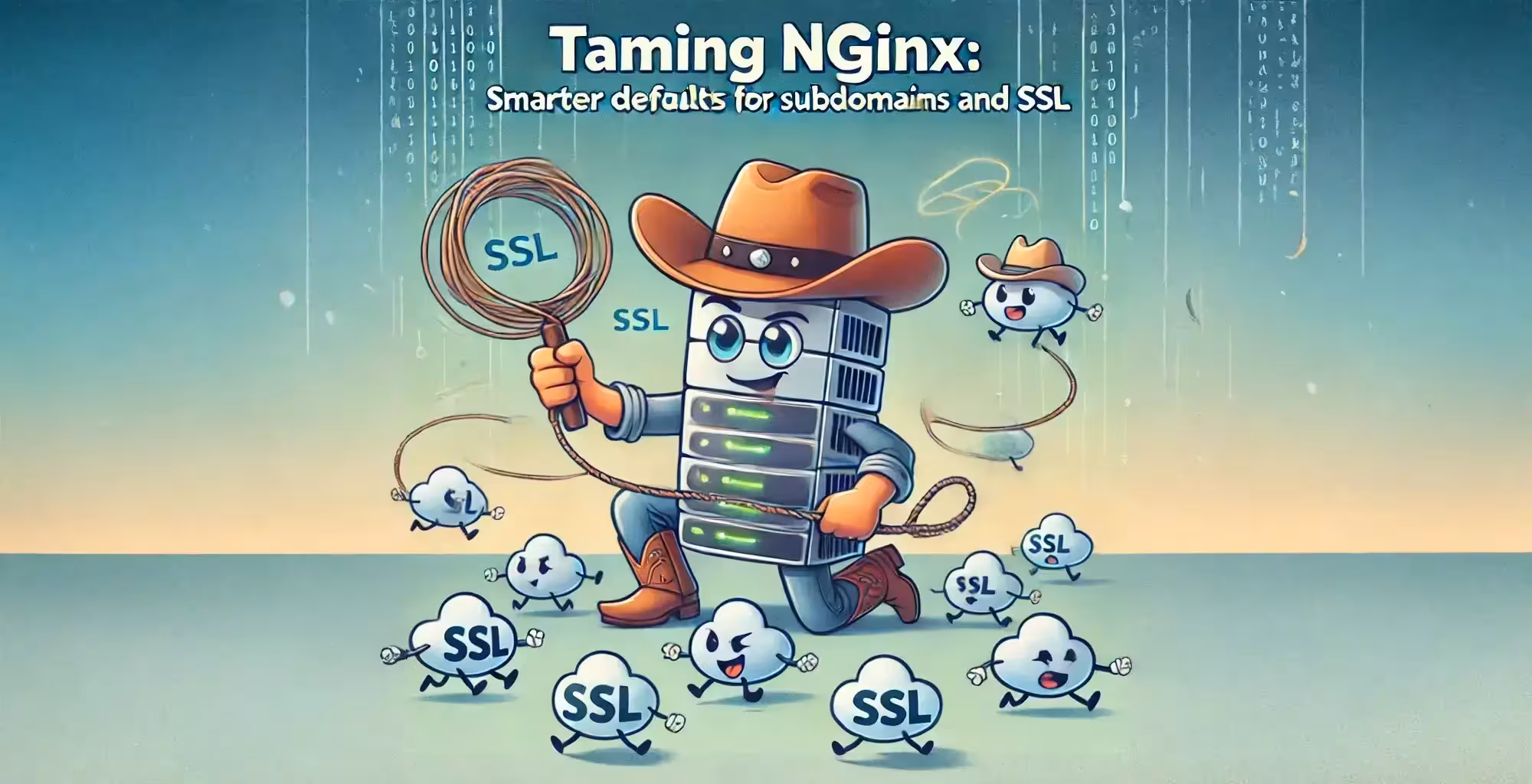 Cartoon server cowboy lassoing SSL clouds, illustrating NGINX handling subdomains and SSL defaults