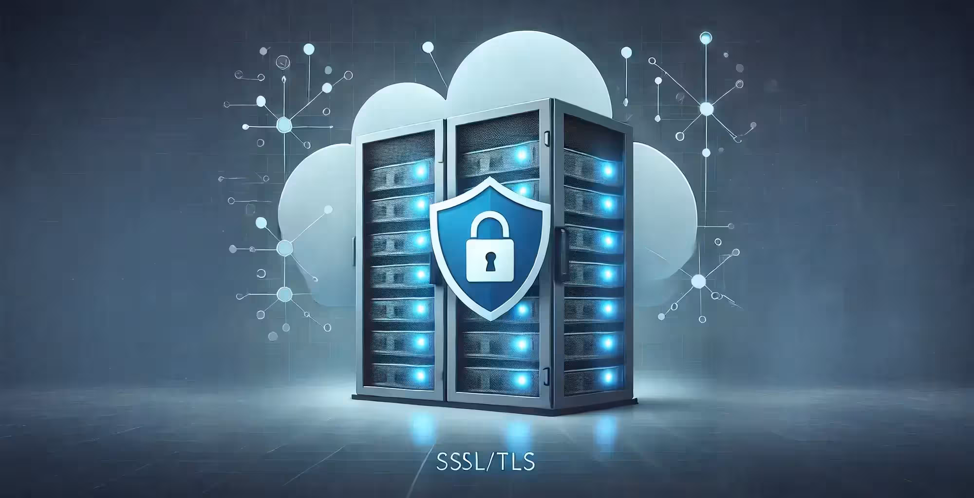 Data server rack with glowing lights and a shield icon representing SSL security, set against a cloud and digital network background