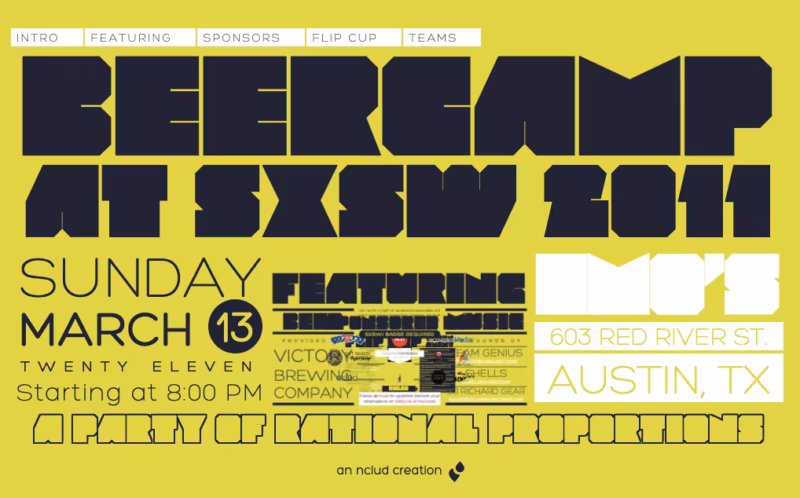 Poster for Beercamp at SXSW 2011, with bold stylised fonts and event details.