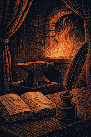 A medieval study with open books, firelight, and ancient tools on a wooden table.