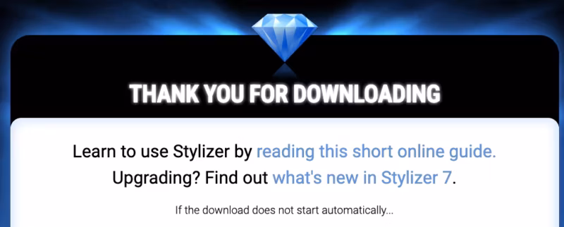 Banner showing Stylizer’s diamond logo and a thank you message for downloading the software