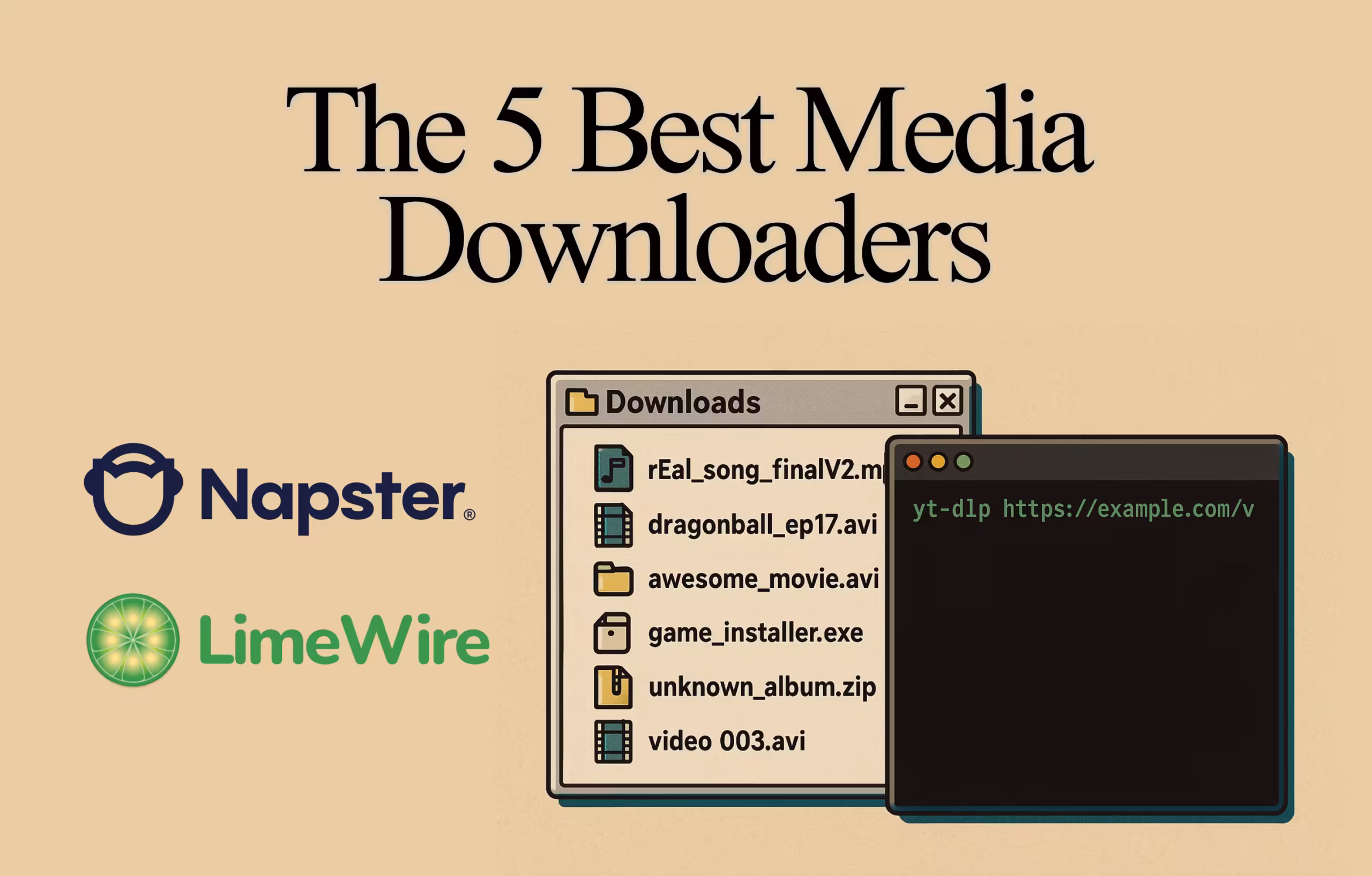 Retro-style Downloads folder with outdated file names alongside a terminal window running a modern media downloader command.