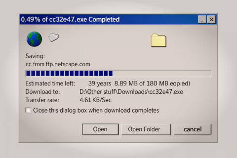 A vintage Windows download dialog box showing a file with 0.49% completed and an estimated time left of 39 years.