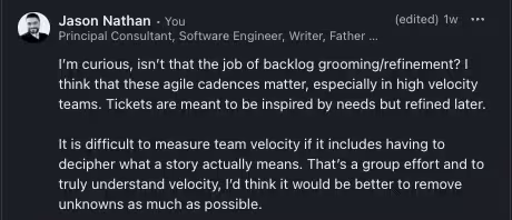 LinkedIn post argues backlog grooming should reduce ambiguity so agile teams can measure velocity without deciphering unclear stories.