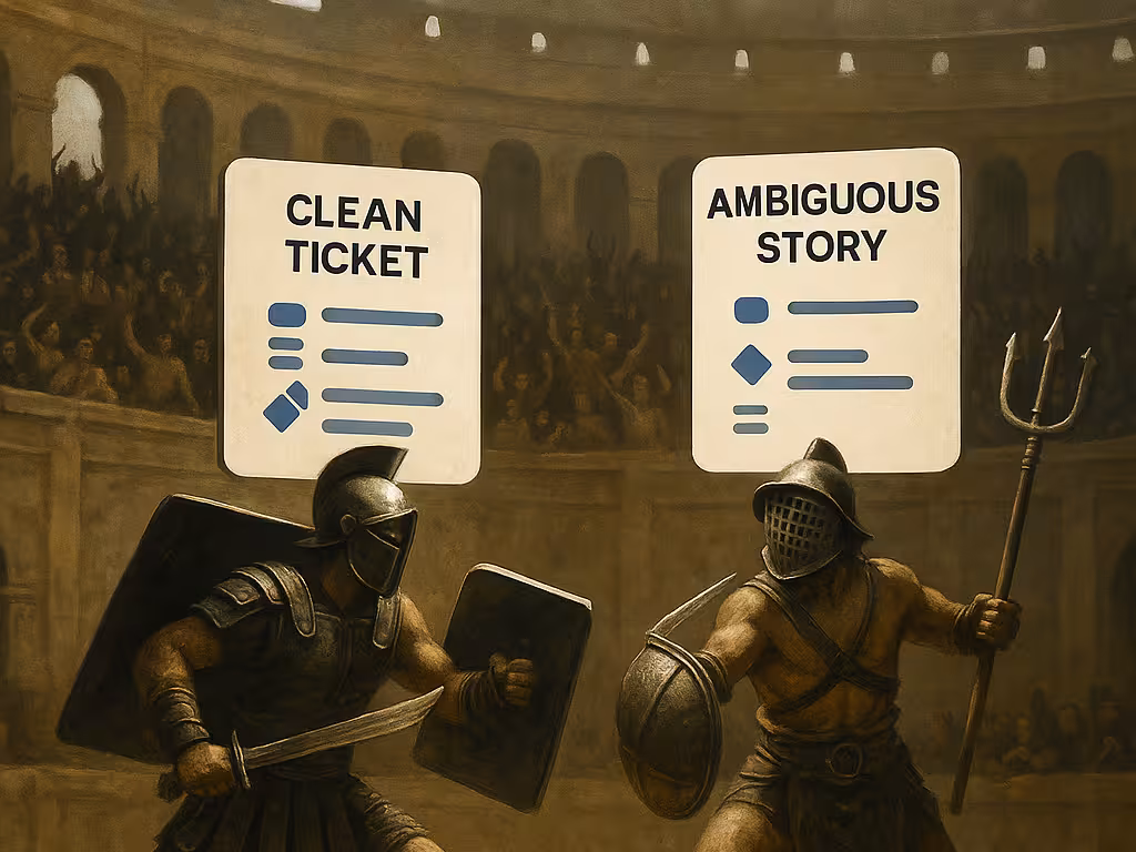 A stylised, dramatic oil-painting-style image of two Roman gladiators mid-combat in a dark, arena-like setting. One wields a trident and net, the other a short sword and shield. Their poses are frozen mid-motion, evoking tension and spectacle without overt violence. The background is smoky and abstract, enhancing the theatrical atmosphere.