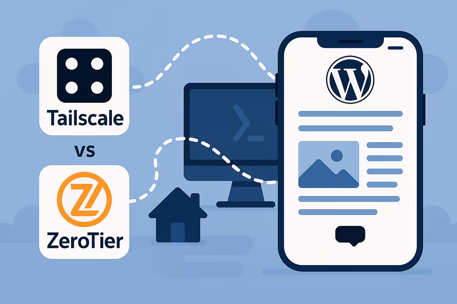 Illustration comparing Tailscale and ZeroTier for remote WordPress blogging on iPhone, with connected devices in a blue theme.