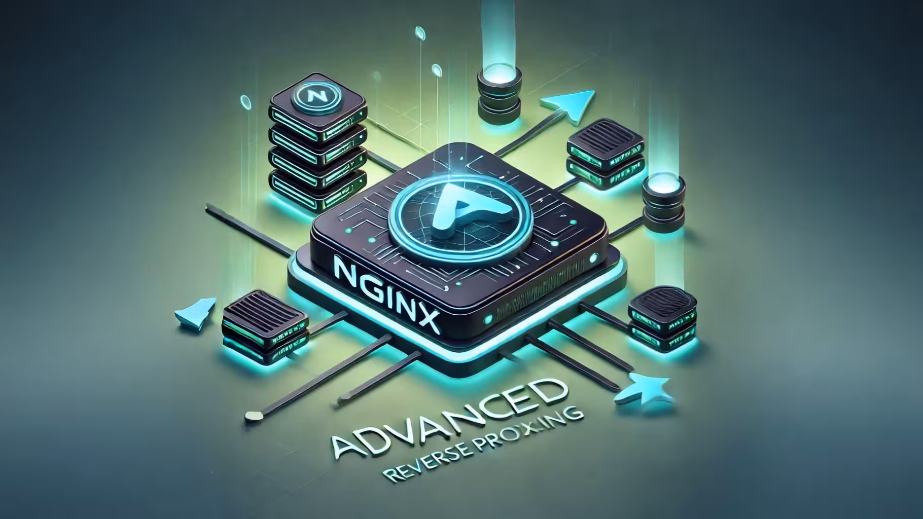 Futuristic 3D illustration of NGINX handling advanced reverse proxying